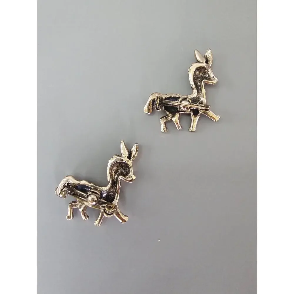 Vintage Donkey Figural Brooch Pin Matched Pair Red Rhinestone Eye MCM Set
